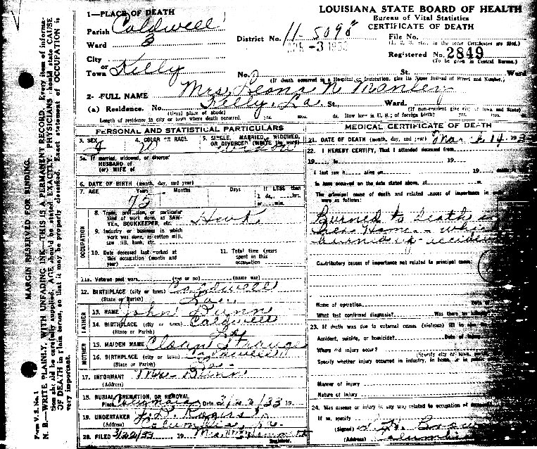 Death Certificate for Narcissus Leona DUNN