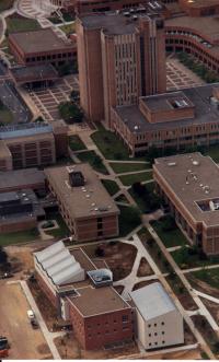 Aerial view of library + depts of Chemistry, Physics, Math, Computer Science and Biology